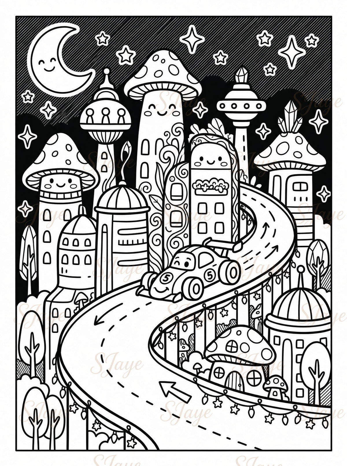 Mushroom Village Coloring Page