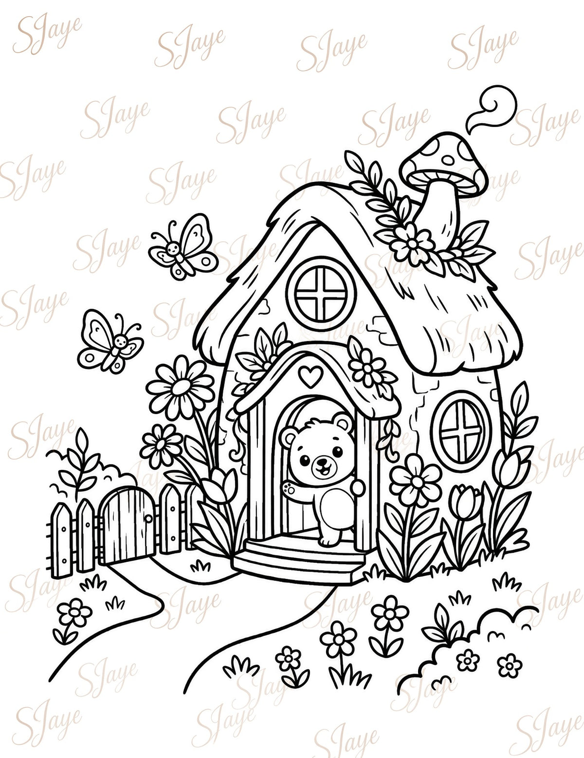Forest Cottage Bear Coloring Page